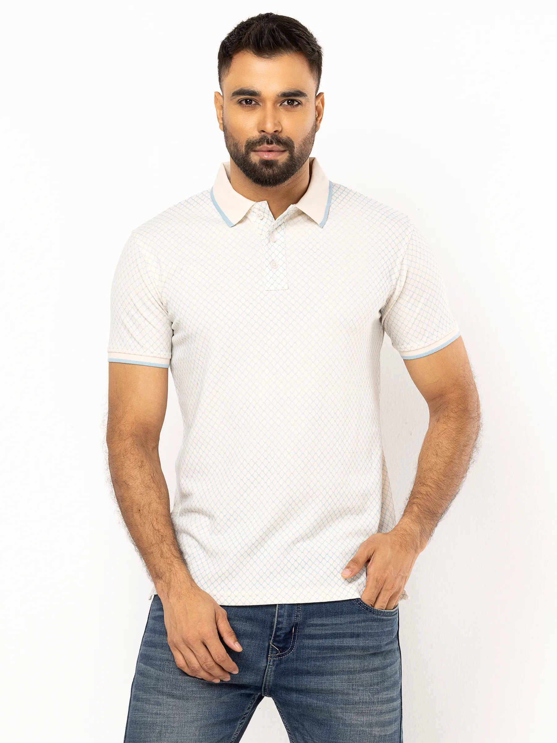 Off White Printed Mixed Cotton Polo Shirt
